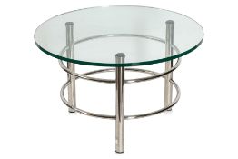 A GLASS AND CHROMED STEEL CIRCULAR TABLE
