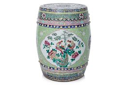 A FAMILLE ROSE LIME GREEN GROUND DRUM STOOL