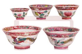A GROUP OF FIVE FAMILLE ROSE BOWLS