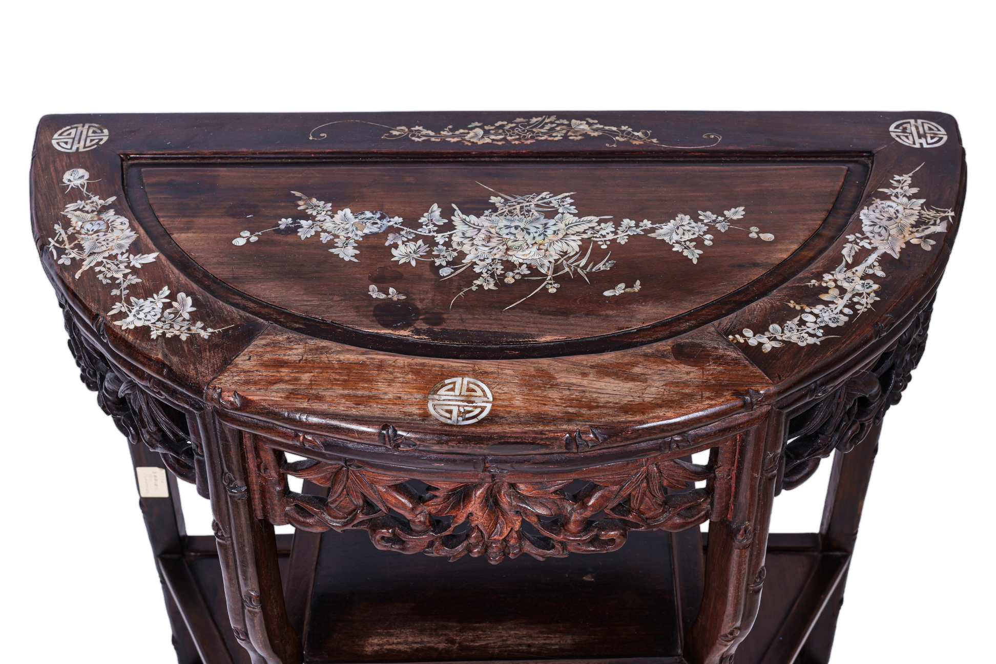 A BLACKWOOD AND MOTHER OF PEARL INLAID DEMI LUNE SIDE TABLE - Image 2 of 3