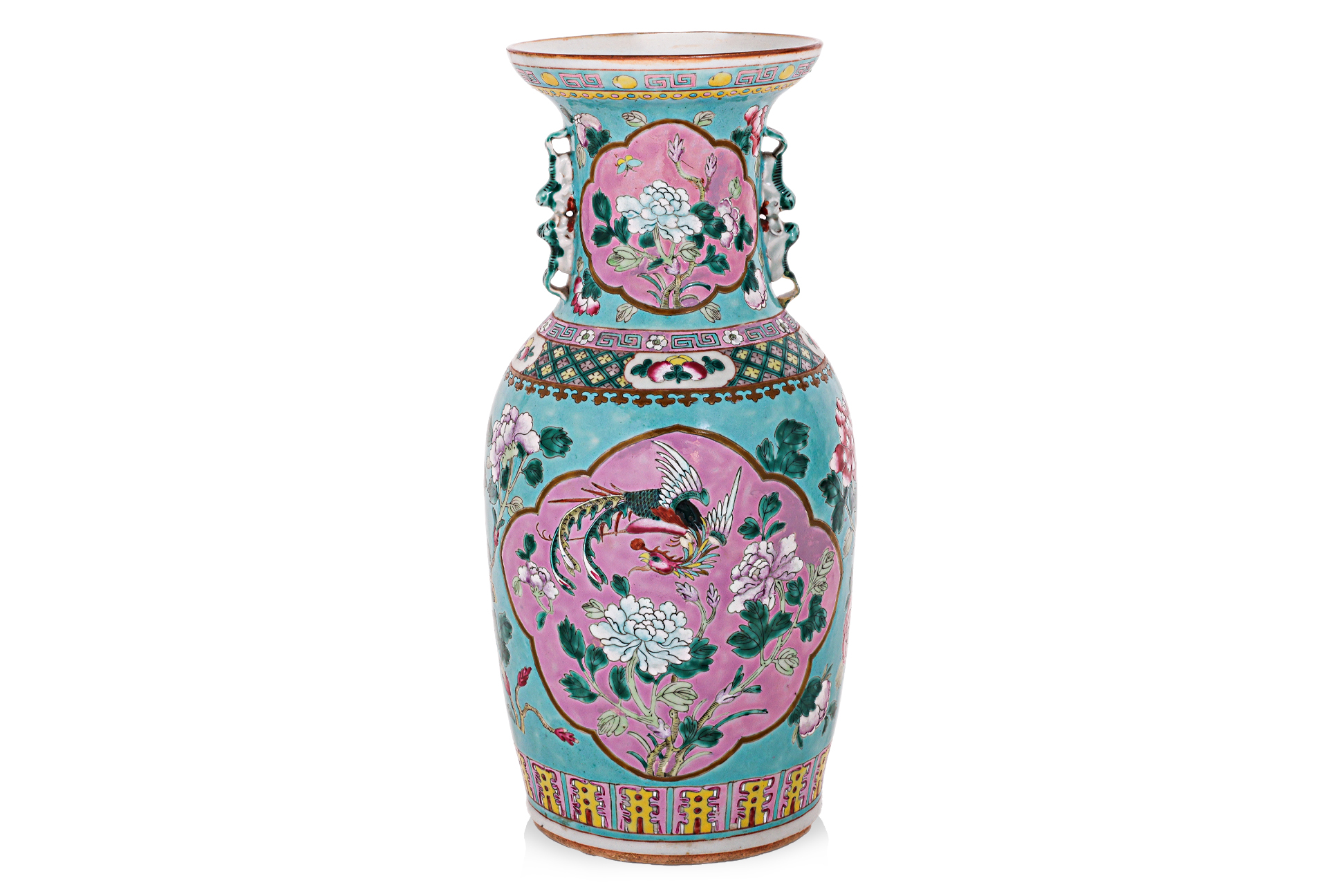 A FAMILLE ROSE TURQUOISE GROUND BALUSTER VASE