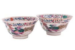 A PAIR OF FAMILLE ROSE PHOENIX AND PEONY BOWLS
