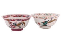 TWO FAMILLE ROSE PHOENIX AND PEONY BOWLS