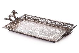 A TWIN HANDLED SILVER DRAGON TRAY