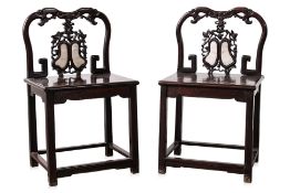 A PAIR OF BLACKWOOD AND MARBLE CHAIRS