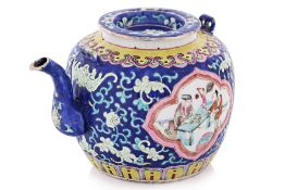 A FAMILLE ROSE BLUE GROUND TEAPOT AND COVER