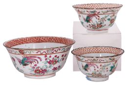 THREE FAMILLE ROSE FISH AND DOUBLE HAPPINESS BOWLS