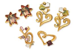 TWO PAIRS OF CHRISTIAN LACROIX EARRINGS AND TWO BROOCHES
