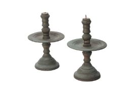 A PAIR OF METALWARE PRICKET ALTAR CANDLESTICKS