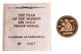 A YEAR OF THE MONKEY 1992 GOLD PROOF MEDAL (1/2)