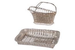 A WOVEN SILVER PLATED WINE BASKET AND TRAY