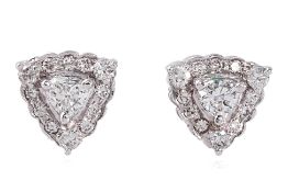 A PAIR OF TRIANGULAR SHAPED DIAMOND STUD EARRINGS