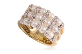A THREE ROW AKOYA CULTURED PEARL AND DIAMOND RING