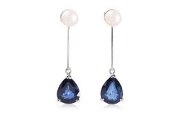 A PAIR OF BLUE SAPPHIRE AND AKOYA CULTURED PEARL EARRINGS