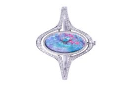 A CHYLLON LADY'S WHITE GOLD AND DIAMOND SET BANGLE WATCH WITH OPAL DIAL