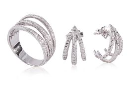 A DIAMOND MULTI-ROW RING AND A PAIR OF SIMILAR EARRINGS
