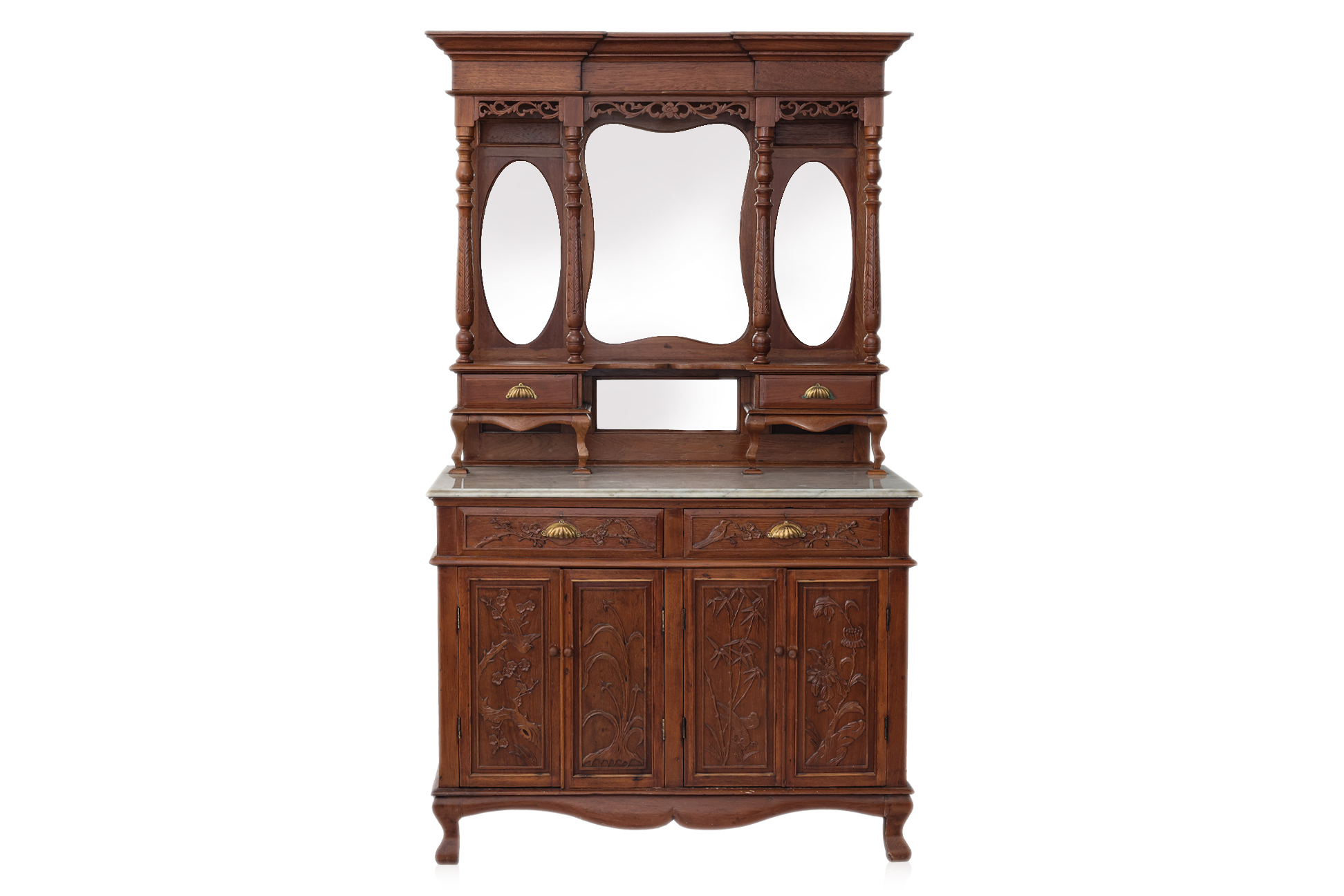 A LARGE PERANAKAN TEAK AND MARBLE SIDEBOARD