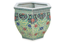 A HEXAGONAL YELLOW GROUND PORCELAIN JARDINIERE