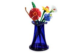A BOHEMIA COBALT GLASS VASE AND ART GLASS FLOWERS