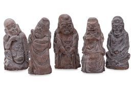 A GROUP OF FIVE CARVED BAMBOO FIGURES OF IMMORTALS