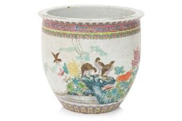 A LARGE CHINESE FAMILLE ROSE 'QUAILS' JARDINIERE