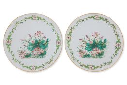 A PAIR OF ENAMELLED LOTUS DISHES