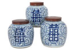 THREE BLUE AND WHITE PORCELAIN 'DOUBLE HAPPINESS' GINGER JARS
