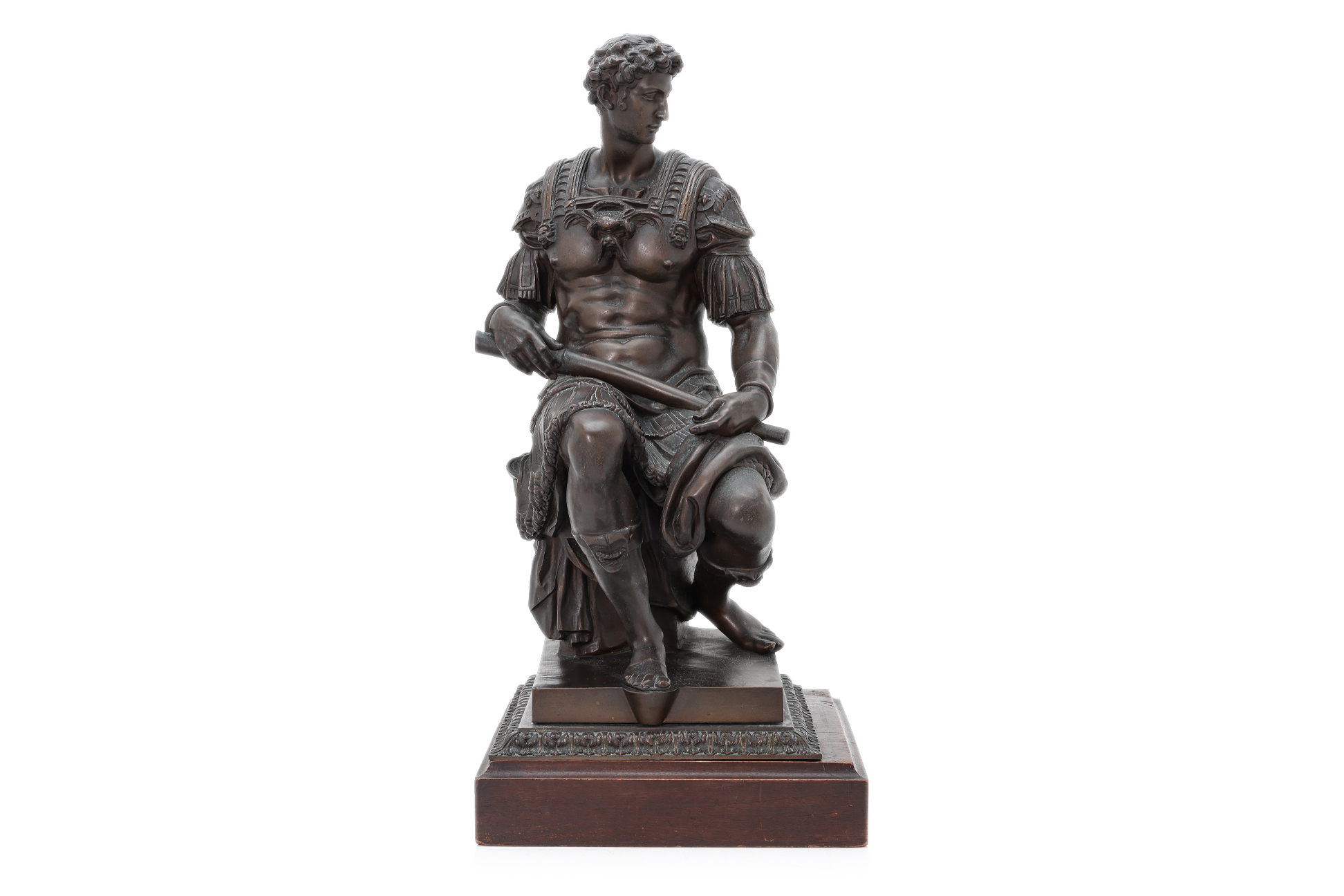 A LARGE BRONZE FIGURE OF GIULIANO DE MEDICI AFTER THE MODEL BY MICHELANGELO