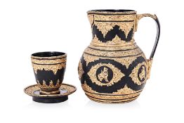 A BURMESE GILT AND LACQUER EWER AND CUP WITH STAND