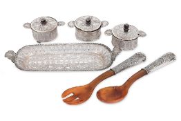 A SET OF THREE MALAYSIAN SILVER SAUCE POTS WITH TRAY AND PAIR OF SERVERS