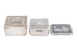 TWO TABLE CIGARETTE BOXES AND A THAI SILVER AND NIELLO CIGARETTE CASE