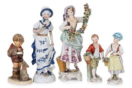 A GROUP OF FIVE EUROPEAN PORCELAIN FIGURES