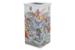 A SQUARE FAMILLE ROSE PORCELAIN 18 LOHANS VASE