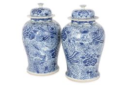 A PAIR OF CHINESE BLUE AND WHITE BALUSTER PORCELAIN JARS