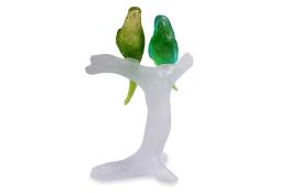 A DAUM CRYSTAL BUDGERIGARS SCULPTURE