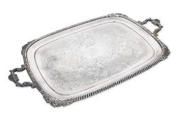 A GEORGE III STYLE SILVER PLATED TWIN HANDLED TRAY