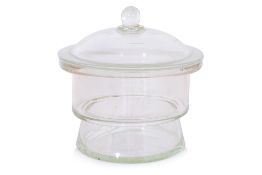 A LARGE GLASS DESSICATOR JAR AND COVER