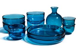 A VENINI MURANO BLUE GLASS TABLEWARE SET