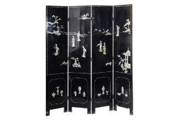 A MOTHER OF PEARL INSET BLACK LACQUER FOUR FOLD SCREEN