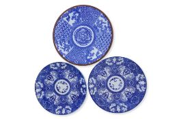 A GROUP OF THREE JAPANESE BLUE AND WHITE CHARGERS