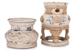 TWO PARTS OF A VIETNAMESE BLUE AND WHITE CENSER