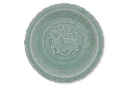 A LONGQUAN CELADON MOULDED QILIN DISH