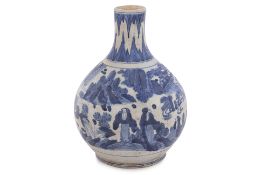 A JAPANESE BLUE AND WHITE ARITA BOTTLE VASE