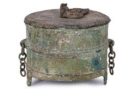 A VIETNAMESE BRONZE JIUZUN WINE WARMER AND COVER