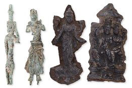 TWO REPOUSSE RELIEFS OF DEITIES AND TWO EARLY BRONZE FIGURES