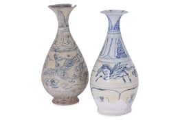 TWO VIETNAMESE BLUE AND WHITE PEAR SHAPED BOTTLE VASES