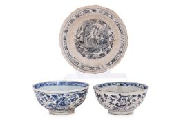 TWO BLUE AND WHITE PORCELAIN BOWLS AND A DISH