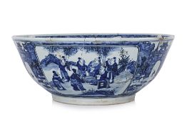 A LARGE BLUE AND WHITE 'SEVEN SAGES IN A BAMBOO GROVE' PORCELAIN BOWL
