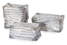 A SET OF THREE CAMBODIAN BASKET WEAVE SILVER BOXES