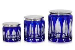 THREE BLUE FLASHED CUT GLASS DRESSING TABLE JARS